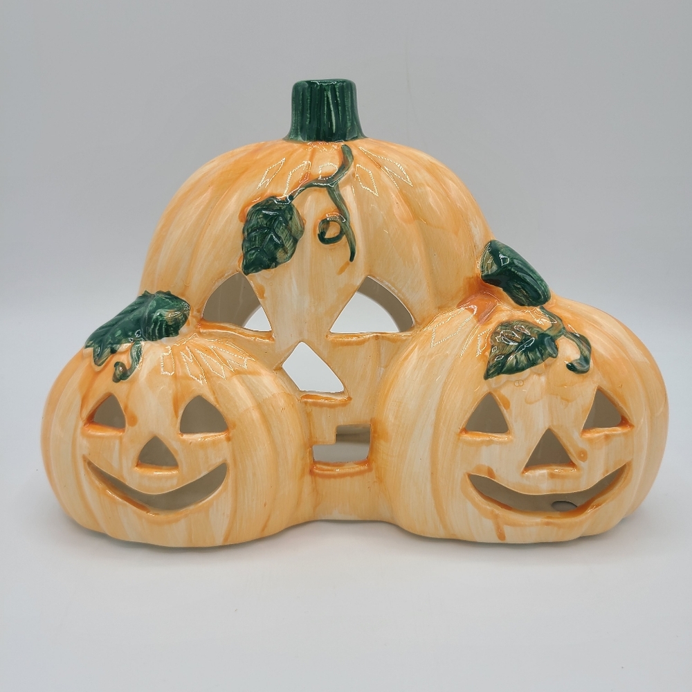Vintage Ceramic Halloween Jack-o-Lantern Pumpkins Candle Holder Tealight Taiwan